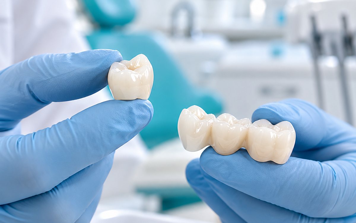 Corona y puente dentales que se colocan sobre los implantes, en la Clinica Dental Vidal Castellano de Las Palmas