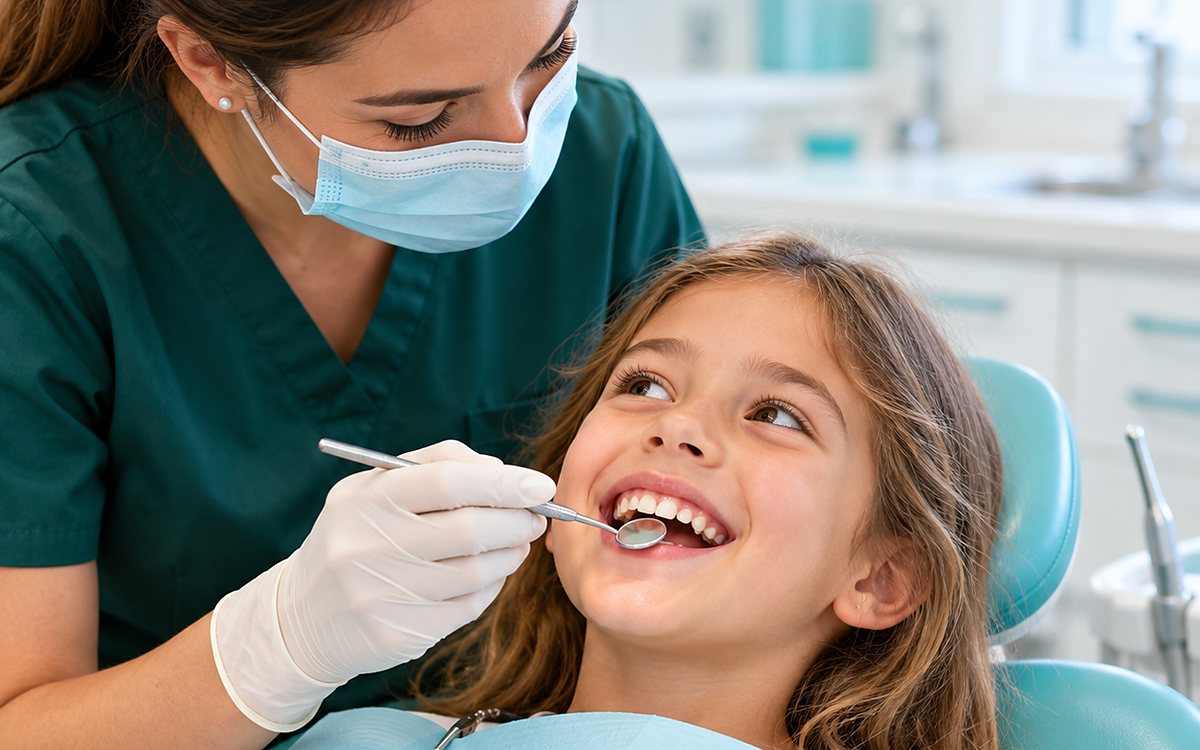 Odontopediatra revisando la boca de una nina en su primera visita al dentista en Las Palmas